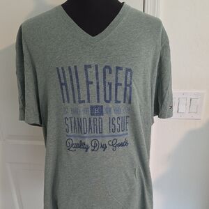 Tommy Hilfiger Green Heather V-Neck Tee with Blue Print